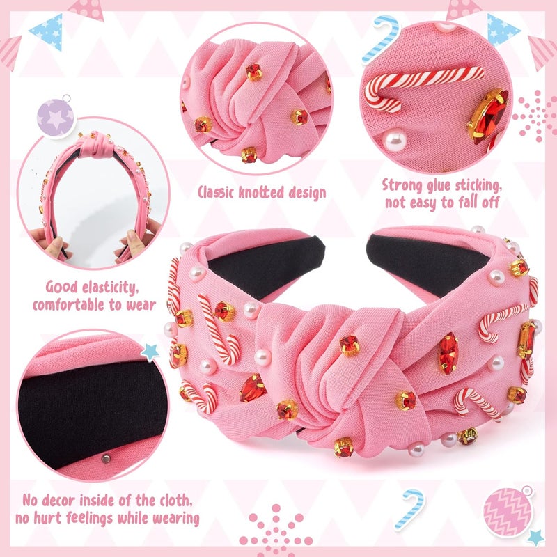 PANTIDE Christmas Jeweled Knotted Headband - Xmas Candy Cane Rhinestone Crystal Pearl Embellished Headband None Slip Wide Top Knot Fashion Hairband Hair Accessories Birthday Gift for Women Girl (Pink) - Image 3
